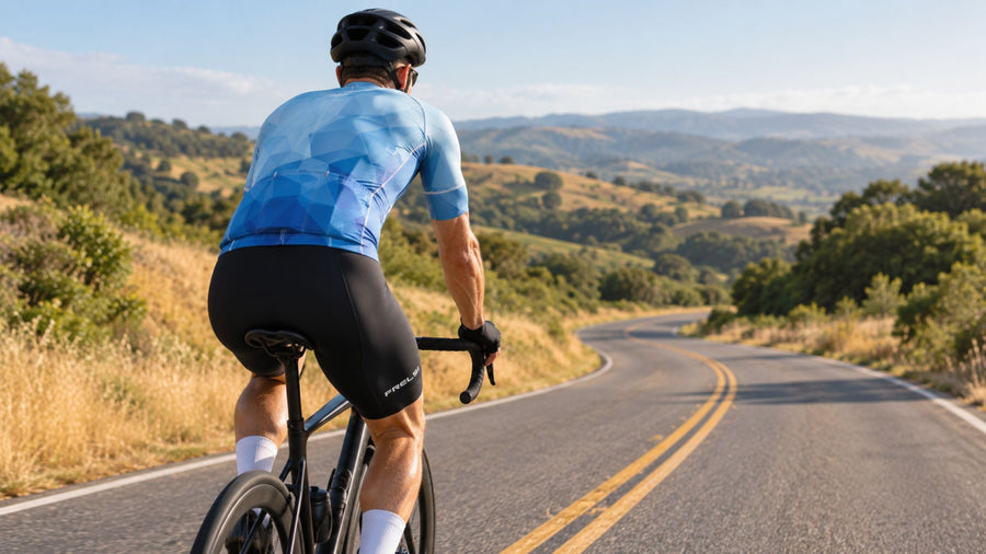 Cyclist riding a winding country road on a long ride in Frelsi Pro Team Bib Shorts and a blue jersey