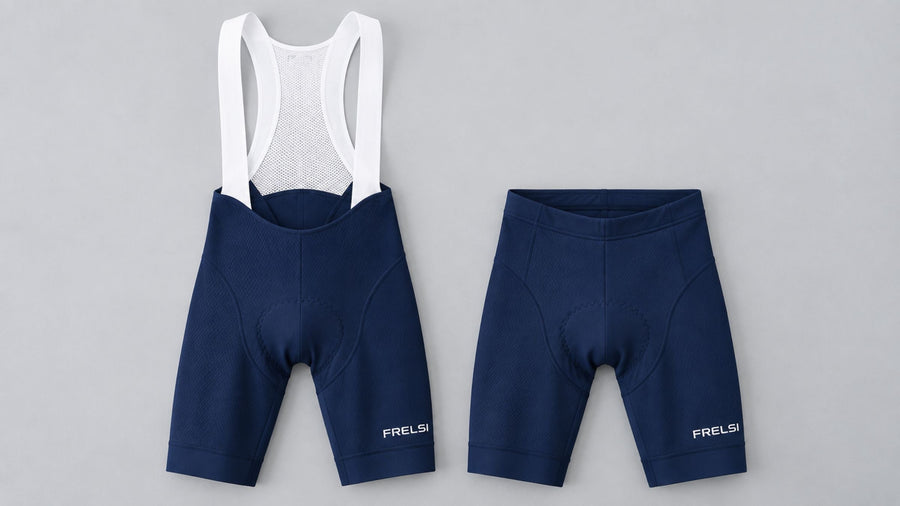 Navy Frelsi Pro Team Bib Shorts next to navy Frelsi waist cycling shorts, laid flat side by side