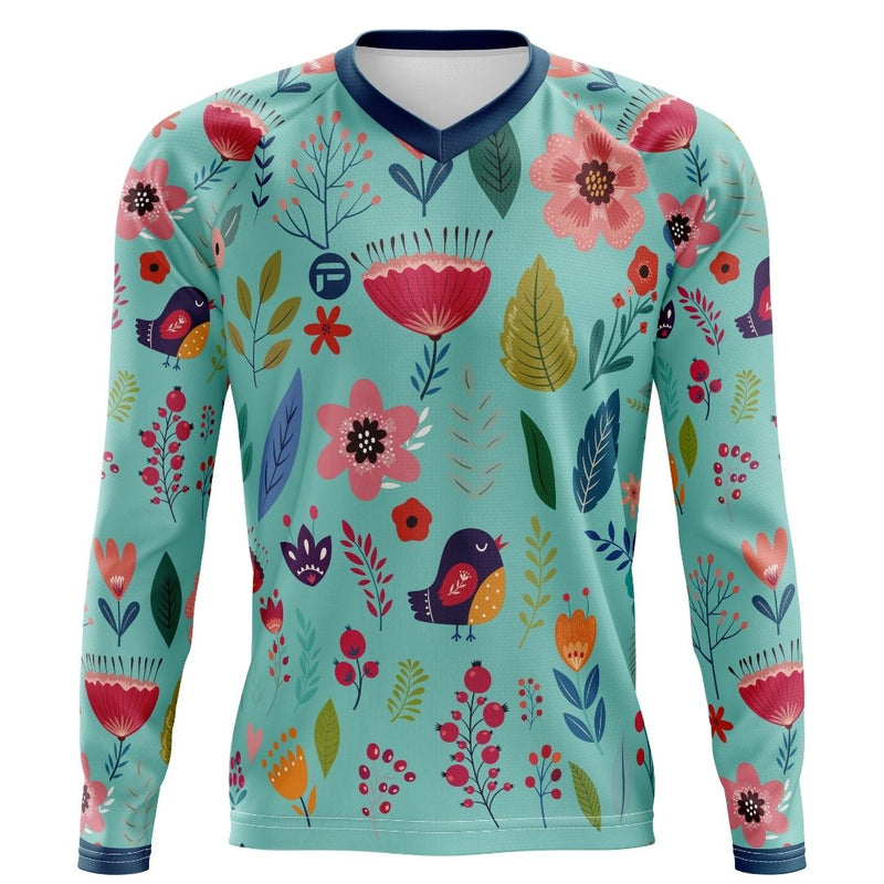 Stay cool and ride hard in the Blooming Garden, a long-sleeve MTB jersey for women.