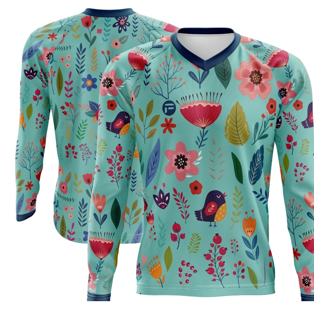 Blooming Garden: A long-sleeve MTB cycling jersey for women with a vibrant floral design.