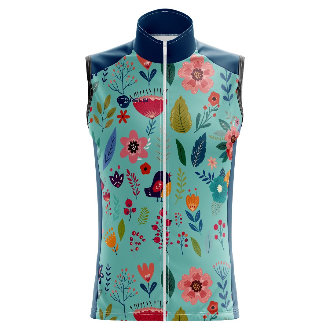 Blooming Garden Sleeveless Cycling Jersey featuring a vibrant and colorful floral design on a turquoise background, designed for optimal comfort, breathability, and aerodynamics.