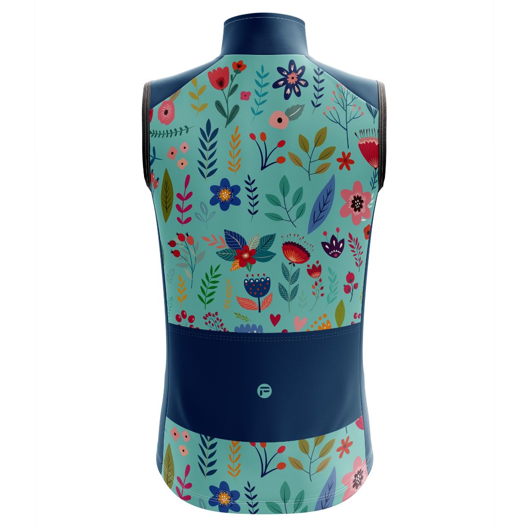 Blooming Garden Sleeveless Cycling Jersey featuring a vibrant and colorful floral design on a turquoise  background, designed for optimal comfort, breathability, and aerodynamics.