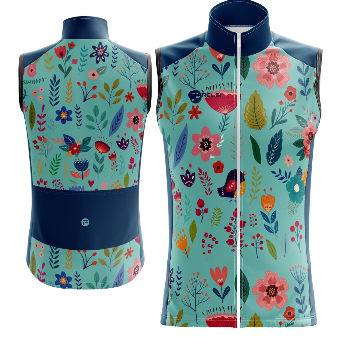 Blooming Garden Sleeveless Cycling Jersey featuring a vibrant and colorful floral design on a turquoise background, designed for optimal comfort, breathability, and aerodynamics.