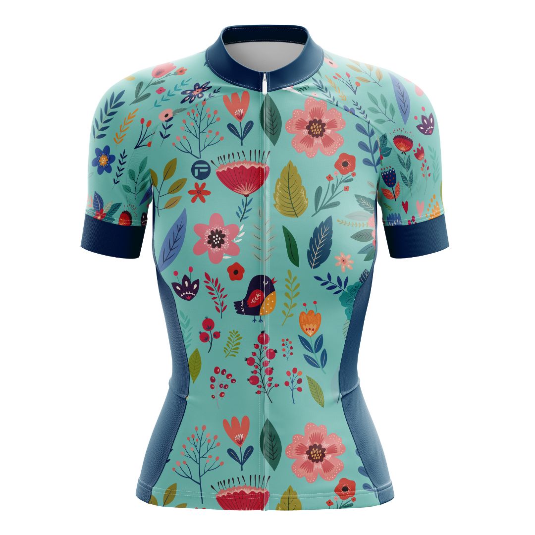 Blooming Garden Women's Cycling Kit featuring a vibrant and colorful floral design on a turquoise  background, designed for optimal comfort, breathability, and aerodynamics.