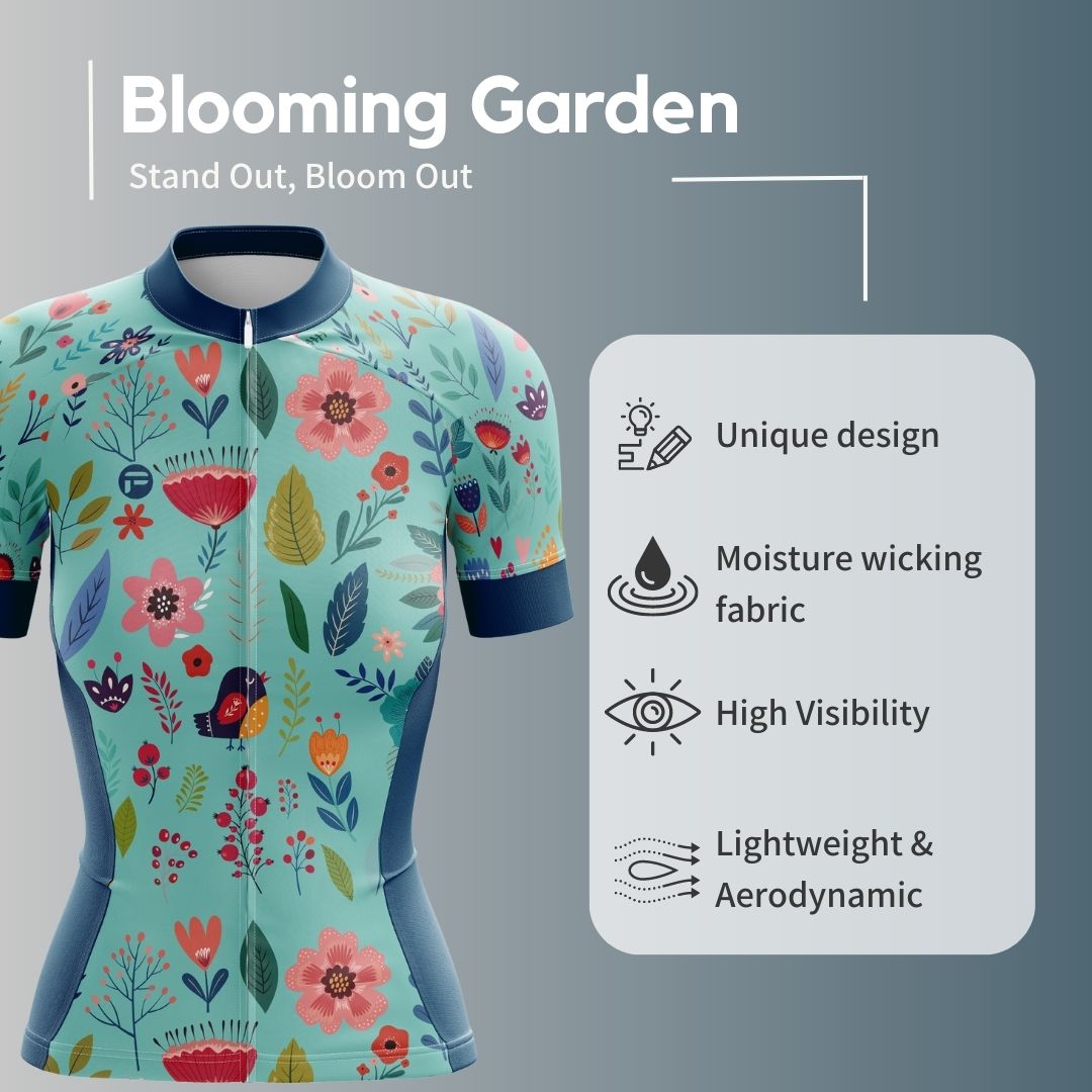 Blooming Garden Women's Cycling Jersey featuring a vibrant and colorful floral design on a turquoise  background, designed for optimal comfort, breathability, and aerodynamics.