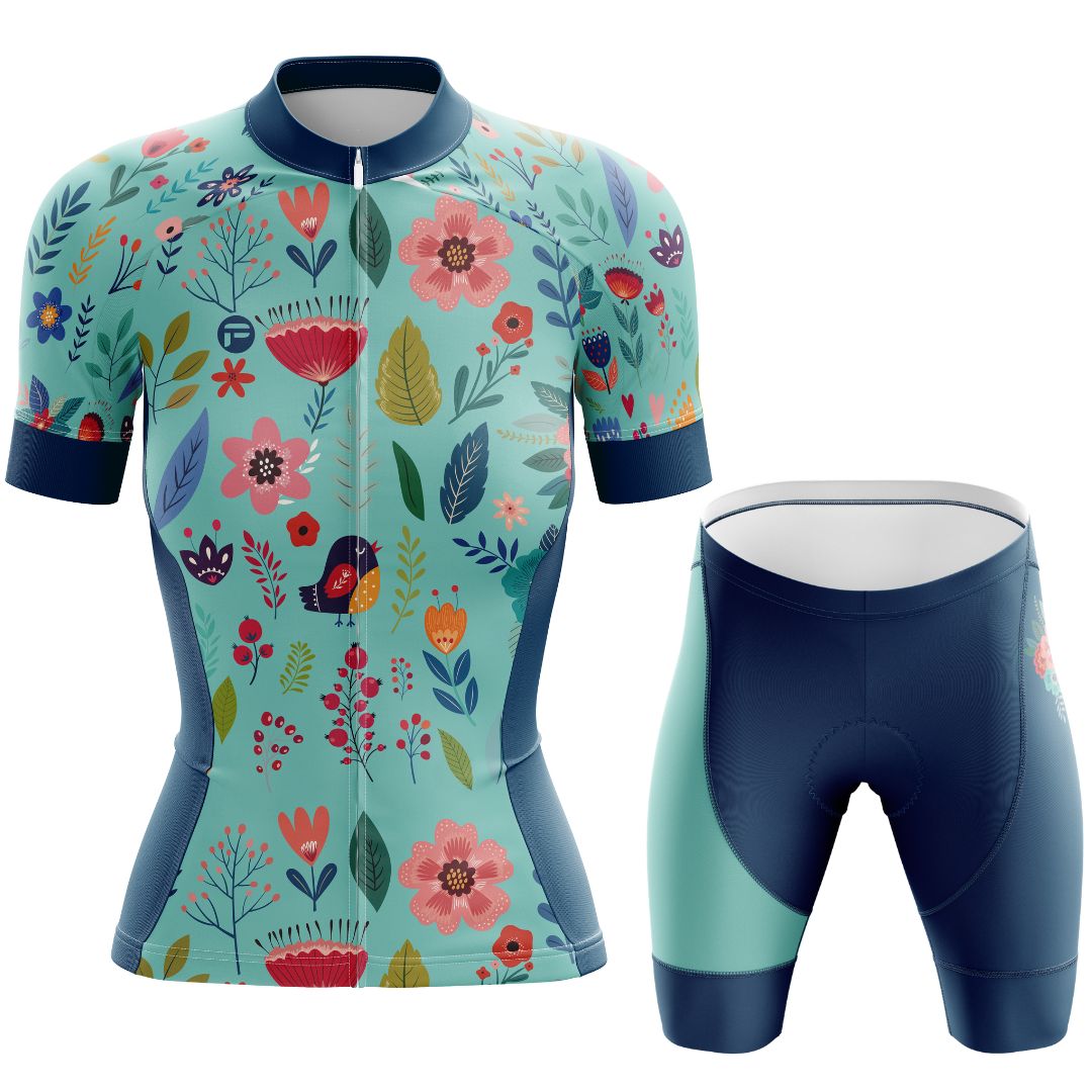 Blooming Garden Women's Cycling Kit featuring a vibrant and colorful floral design on a turquoise background, designed for optimal comfort, breathability, and aerodynamics.