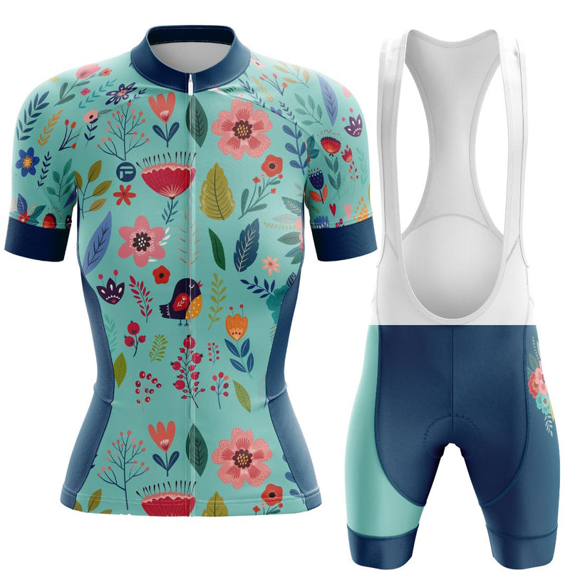 Blooming Garden Women's Cycling Kit featuring a vibrant and colorful floral design on a turquoise  background, designed for optimal comfort, breathability, and aerodynamics.