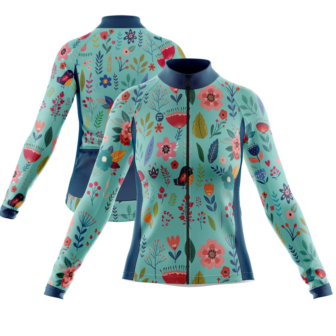 Blooming Garden Women's Cycling Jersey featuring a vibrant and colorful floral design on a turquoise  background, designed for optimal comfort, breathability, and aerodynamics.