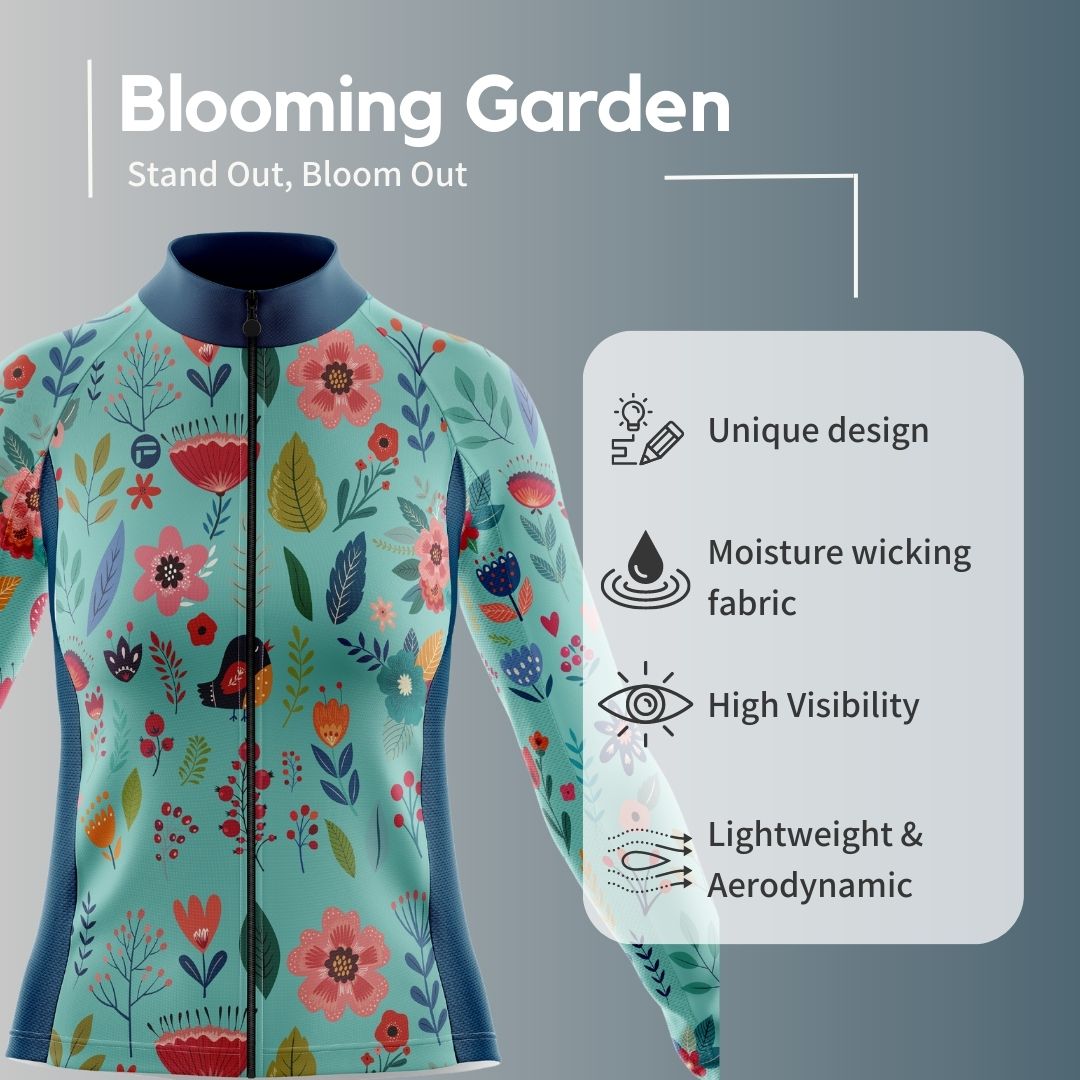 Blooming Garden Women's Cycling Jersey featuring a vibrant and colorful floral design on a turquoise  background, designed for optimal comfort, breathability, and aerodynamics.