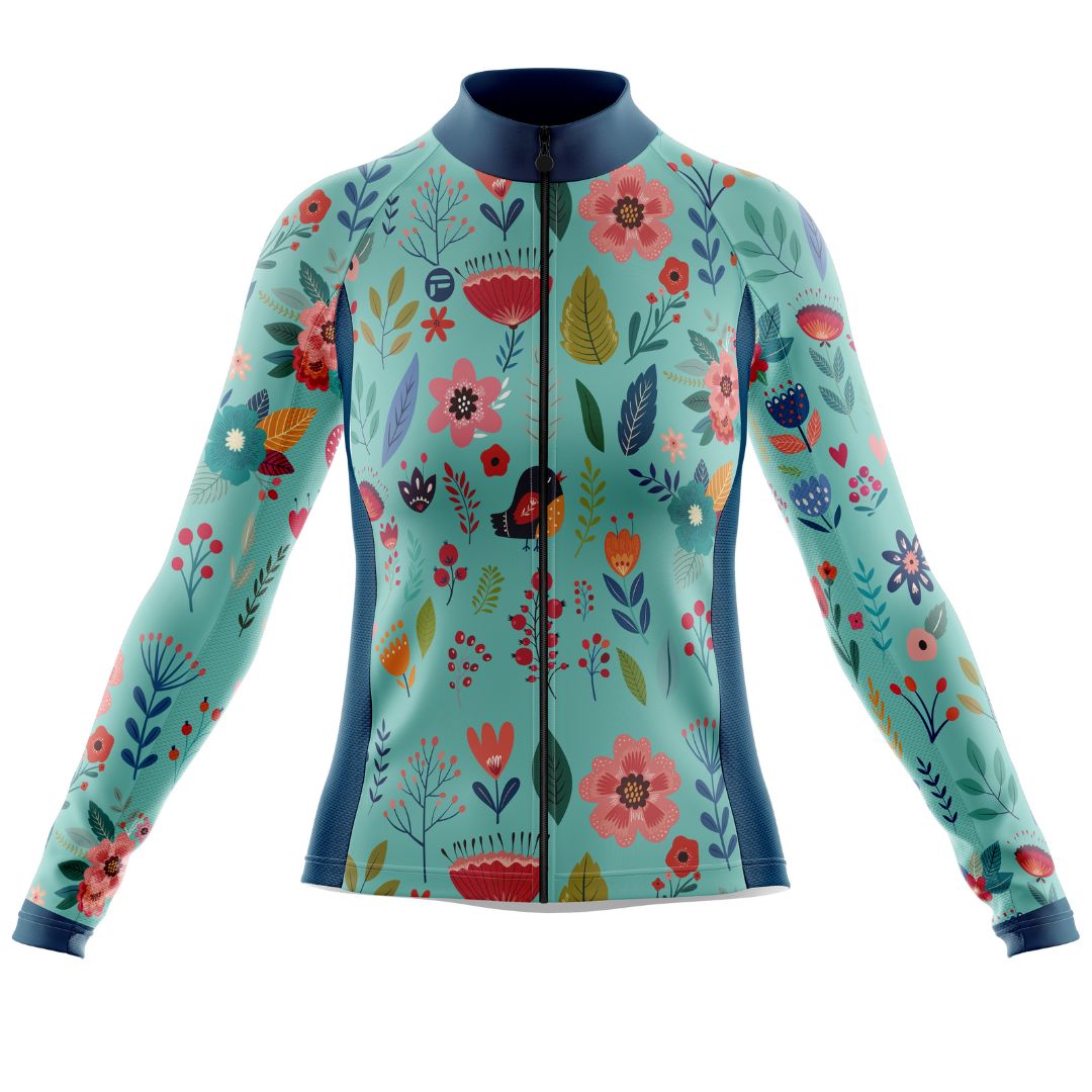 Blooming Garden Women's Cycling Jersey featuring a vibrant and colorful floral design on a turquoise  background, designed for optimal comfort, breathability, and aerodynamics.