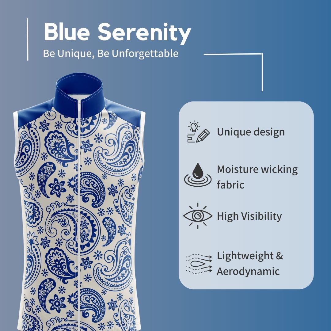 Blue Serenity Sleeveless Cycling Jersey featuring a stylish blue and white cycling jersey, designed for comfort, breathability, and aerodynamics