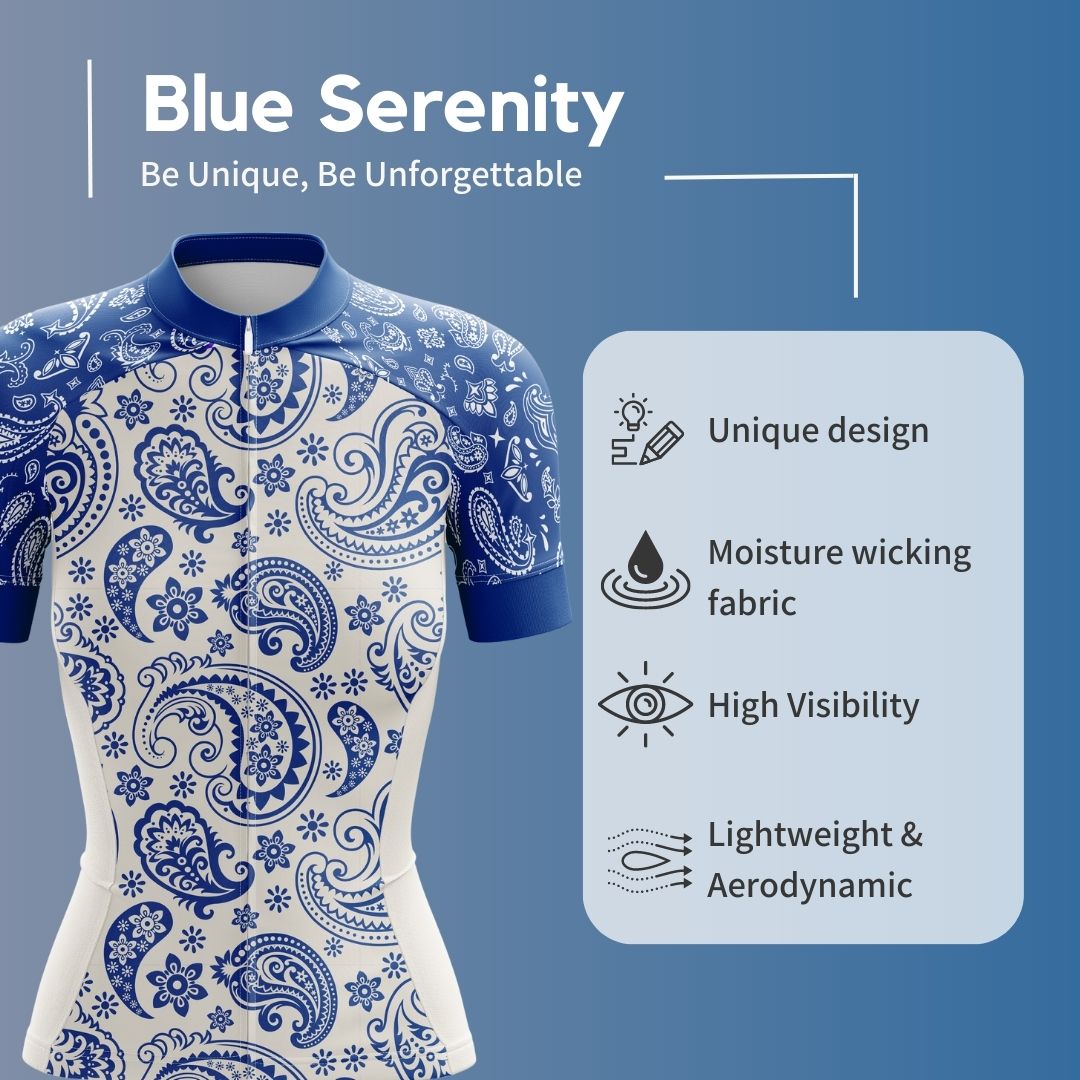 Blue Serenity Women's Cycling Kit featuring a stylish blue and white cycling jersey and matching shorts, designed for comfort, breathability, and aerodynamics