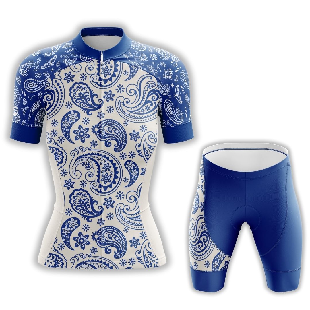 Blue Serenity Women's Cycling Kit featuring a stylish blue and white cycling jersey and matching shorts, designed for comfort, breathability, and aerodynamics