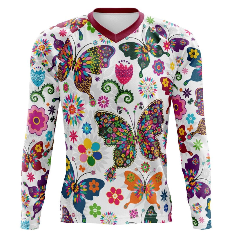 Ride with the butterflies with this long-sleeve MTB jersey featuring a beautiful butterfly design.