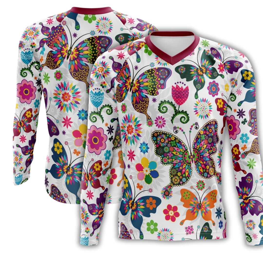 Butterfly Flutter: A long-sleeve MTB cycling jersey with a vibrant butterfly design.