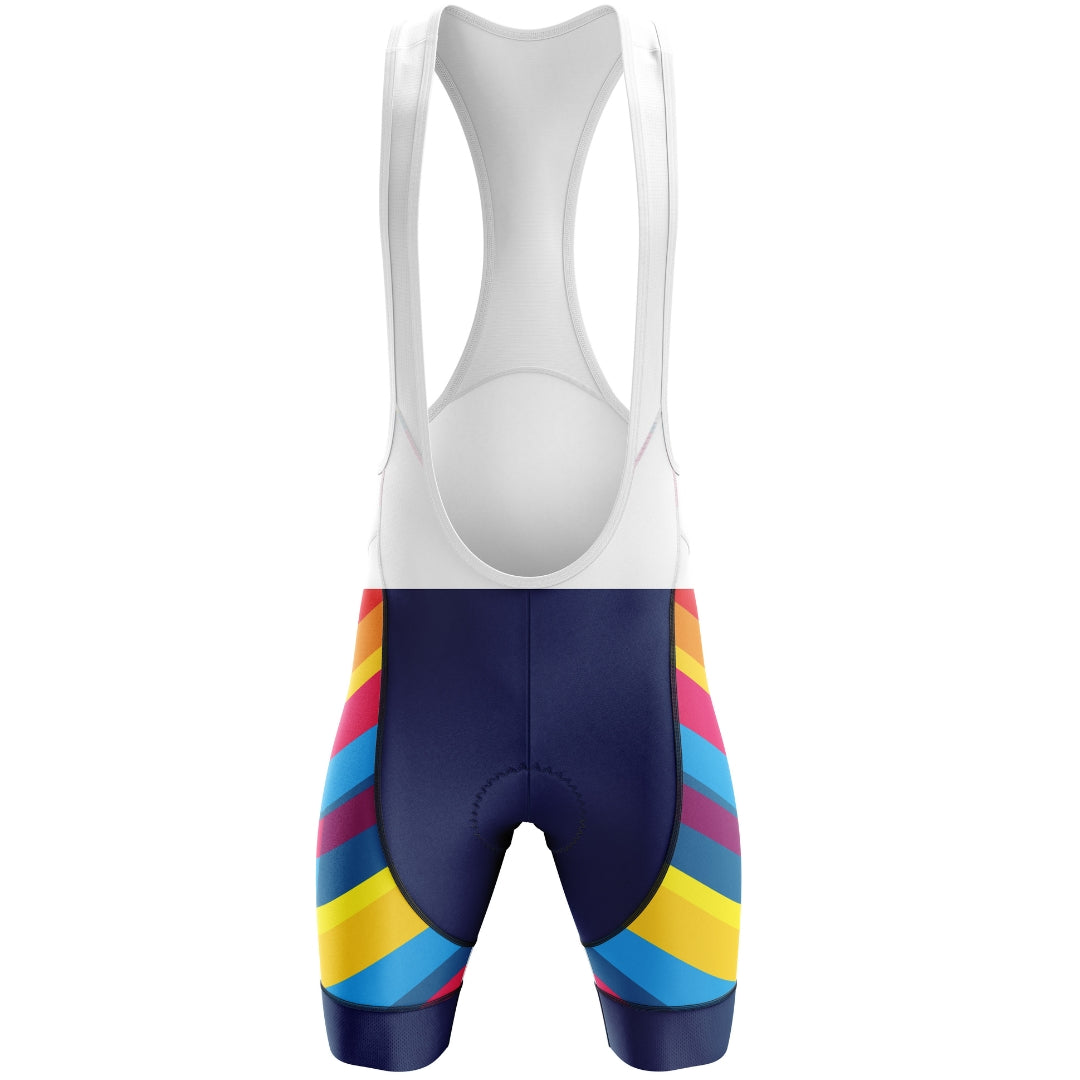 Colorful short cycling bibs for men with many colors, called 'Color Carnival'