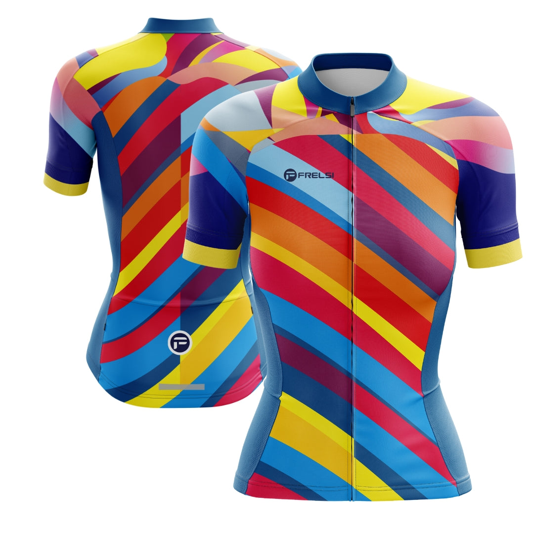 Colorful short cycling jersey for women with many colors, called 'Color Carnival'