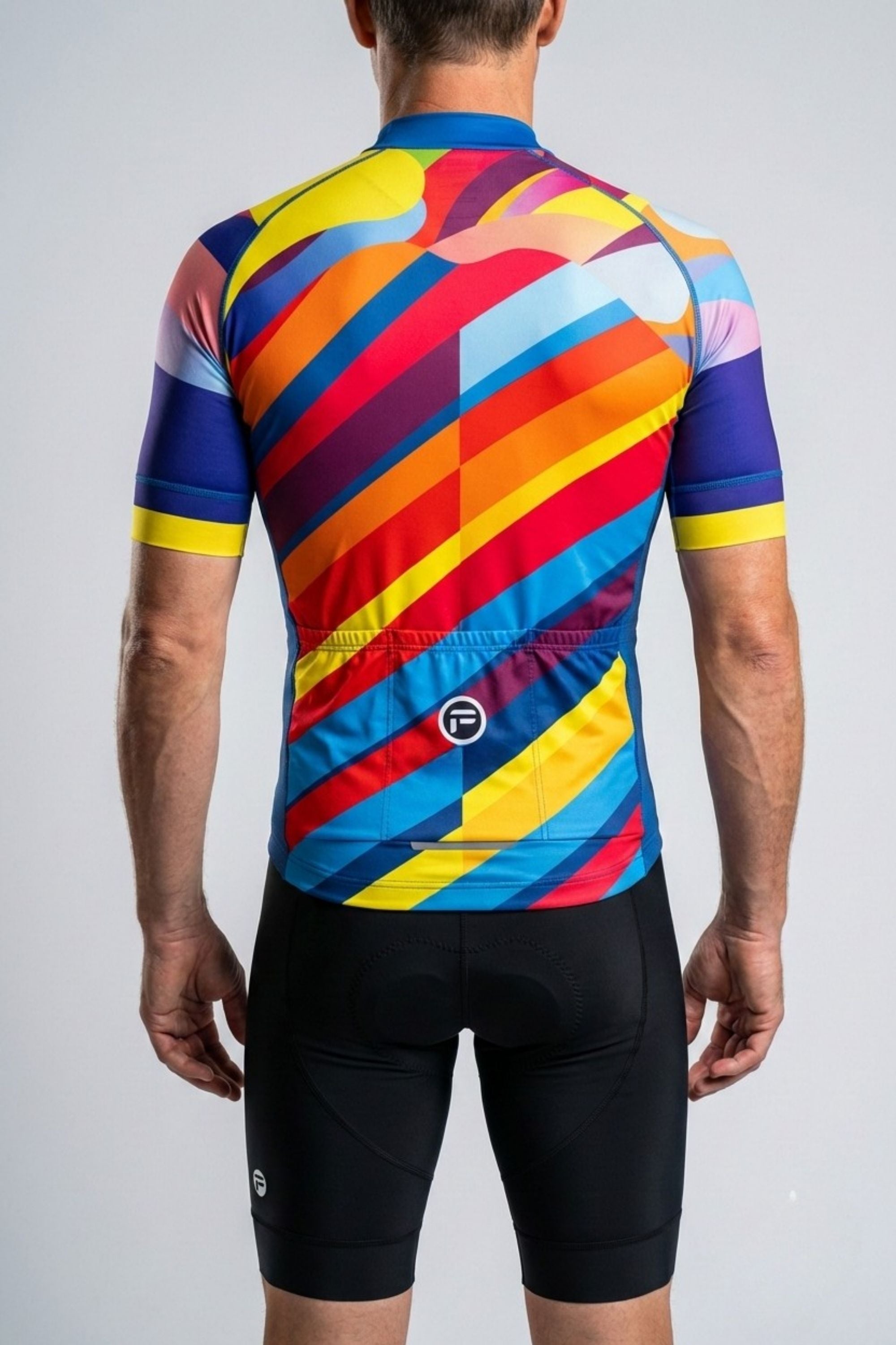 Colorful cycling jersey with geometric pattern on a plain background