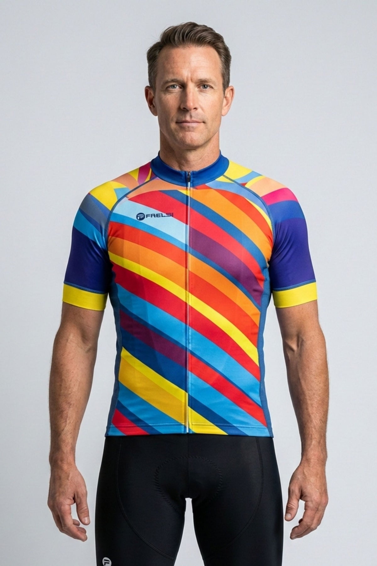Man wearing a colorful cycling jersey against a gray background