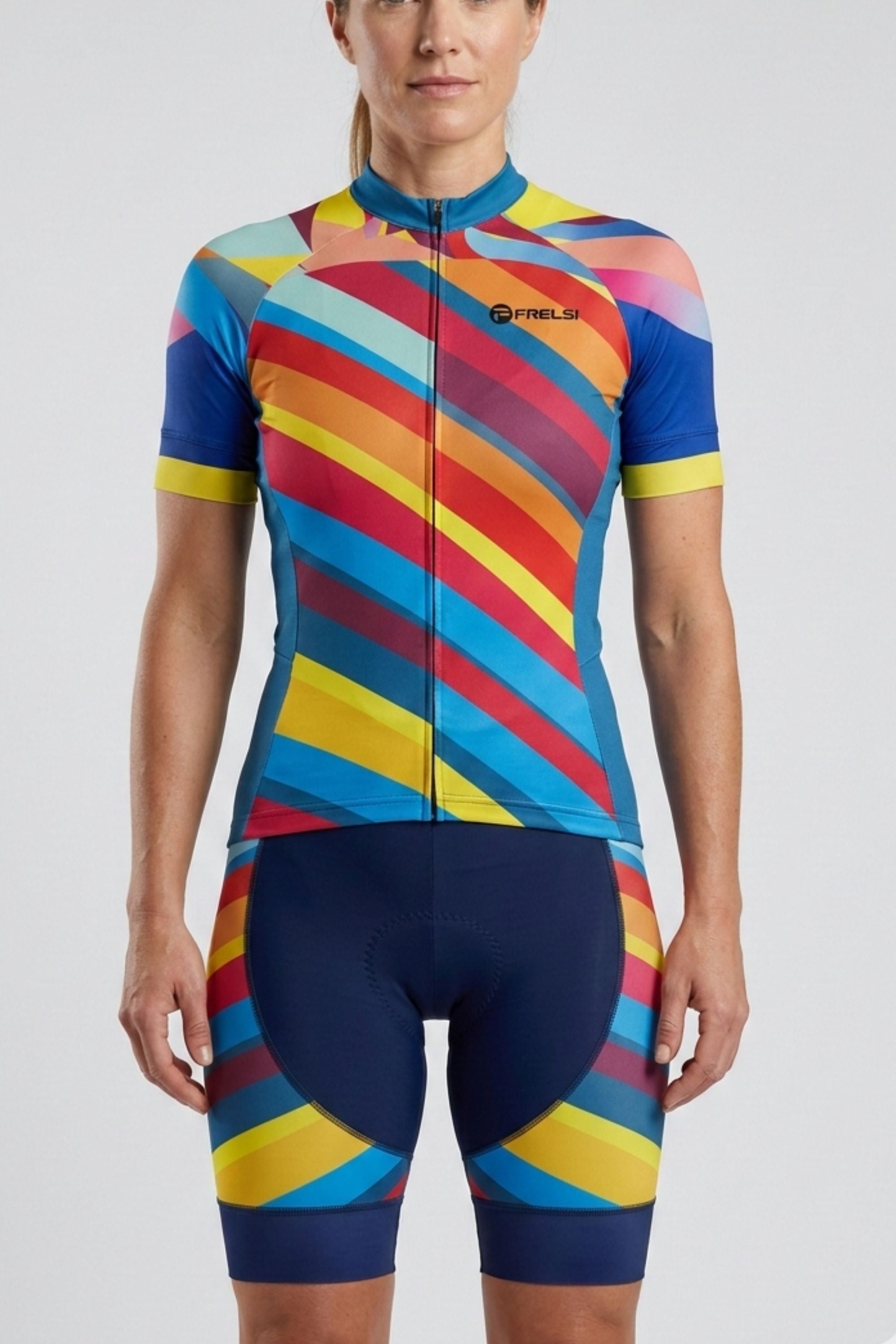 Person wearing a colorful cycling suit with a white background