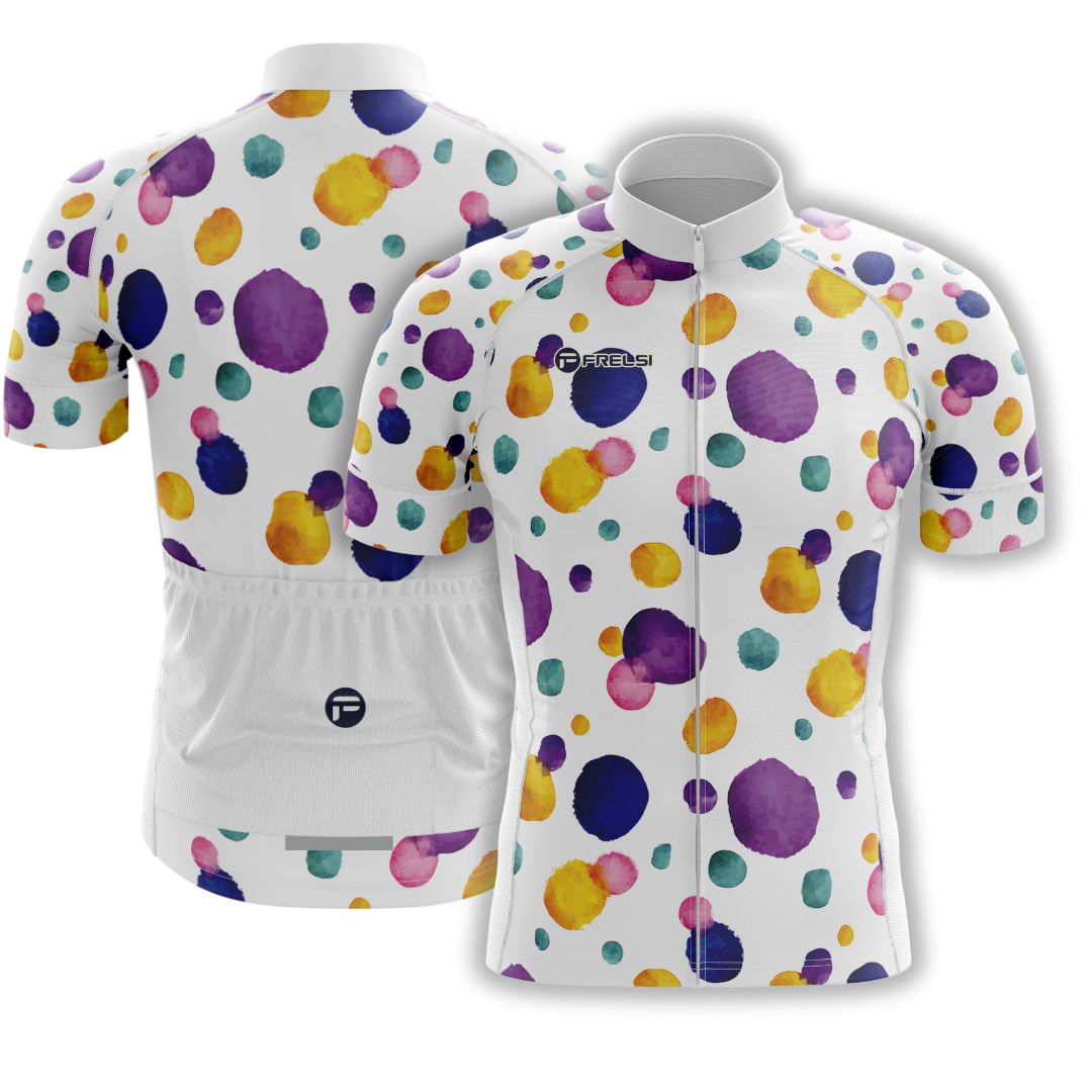 Colorful Dot Ride Cycling Jersey | Men's Short Sleeve Cycling Kit | dynamic design of vivid ink dots dancing across a white canvas