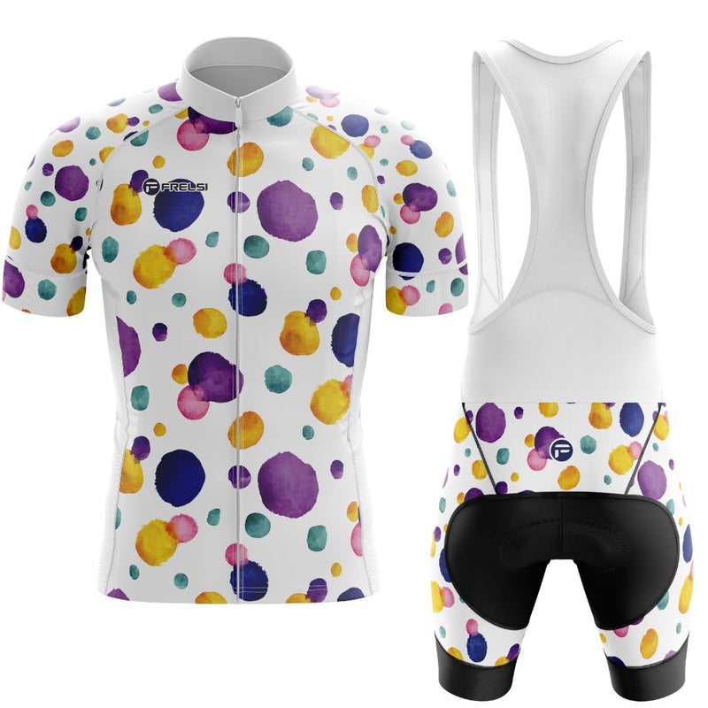 Colorful Dot Ride Cycling Set | Men's Short Sleeve Cycling Kit | Dynamic design of vivid ink dots dancing across a white canvas