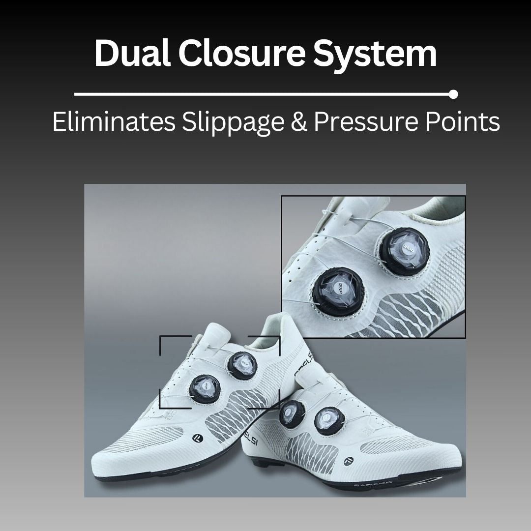 Frelsi Pro cycling shoes with dual Atop closure system, shown in close-up and full view. Text overlay highlights 'Dual Closure System: Eliminates Slippage & Pressure Points.'