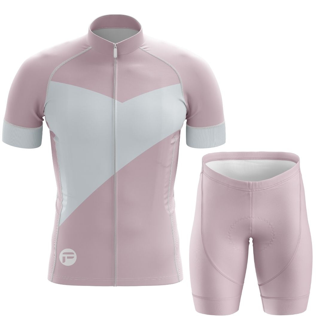 Men's Elysian Pink Short Sleeve Cycling Set featuring a sleek pastel pink and white jersey with matching bib shorts for a stylish ride