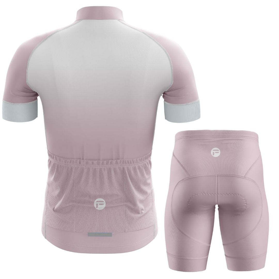 Lightweight and breathable men's short sleeve cycling kit in soft pink and white, designed for comfort and performance