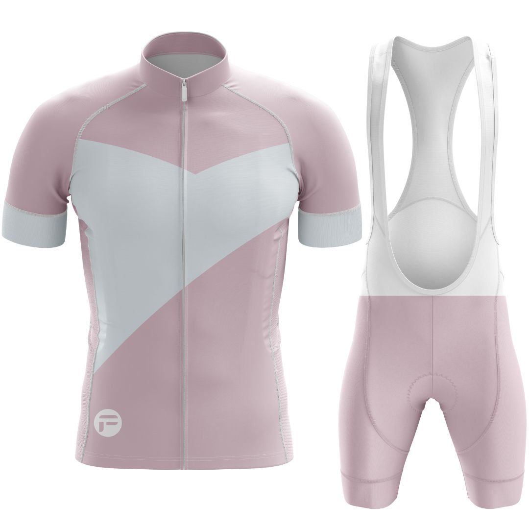 Elysian Pink men's short sleeve cycling set with an aerodynamic jersey and supportive bib shorts, perfect for all-day rides.