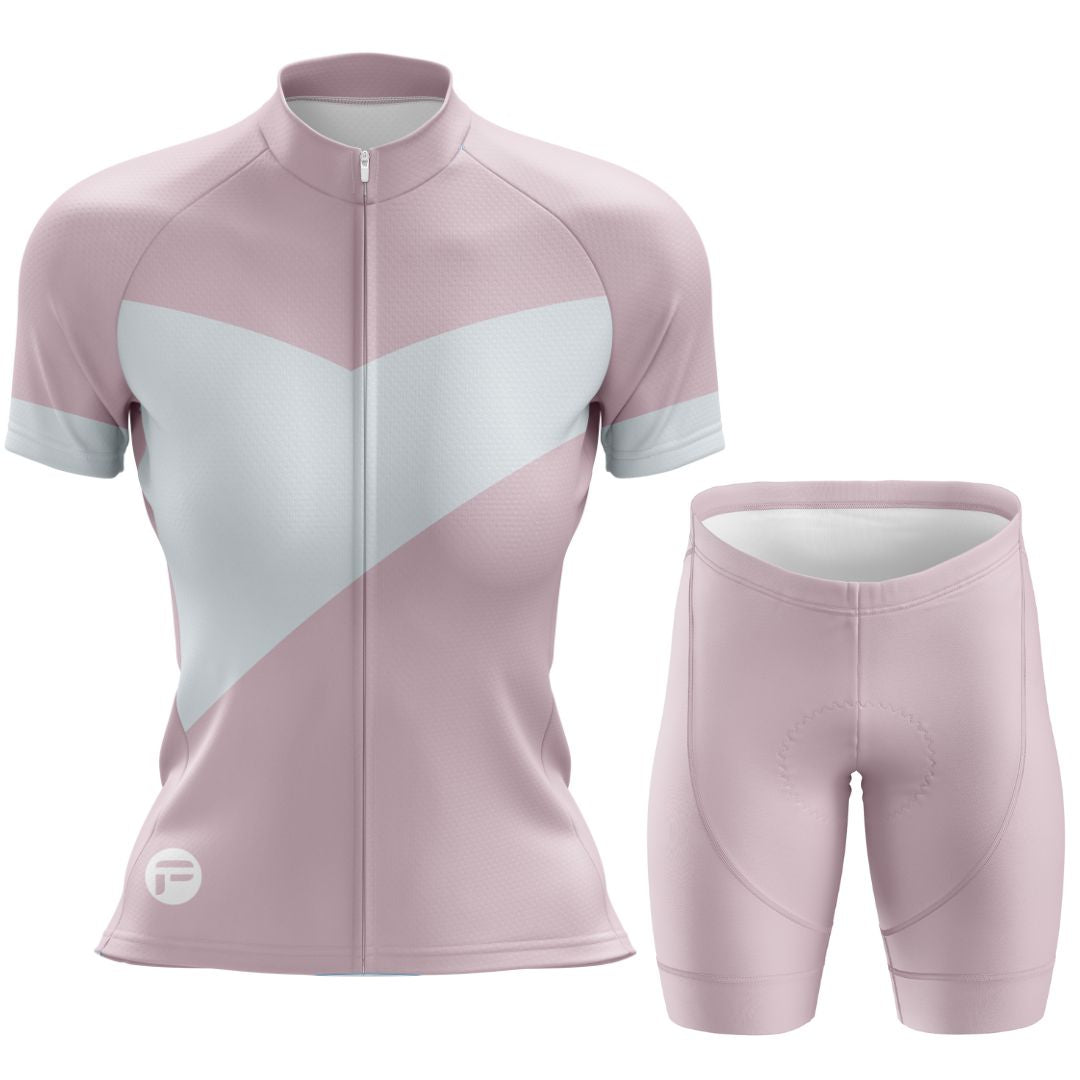 Elysian Pink Frelsi Cycling Set – Matching short sleeve jersey and shorts with soft pastel geometric design, lightweight aerodynamic fabric, and ergonomic fit for road cycling.