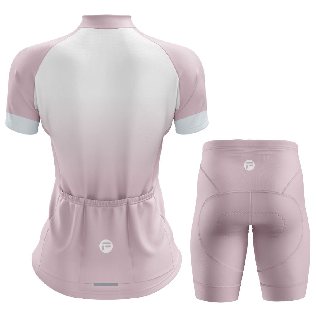 Matching geometric pattern on Elysian Pink Frelsi jersey and shorts: pastel pink and white angular lines for cohesive, speed-inspired style.