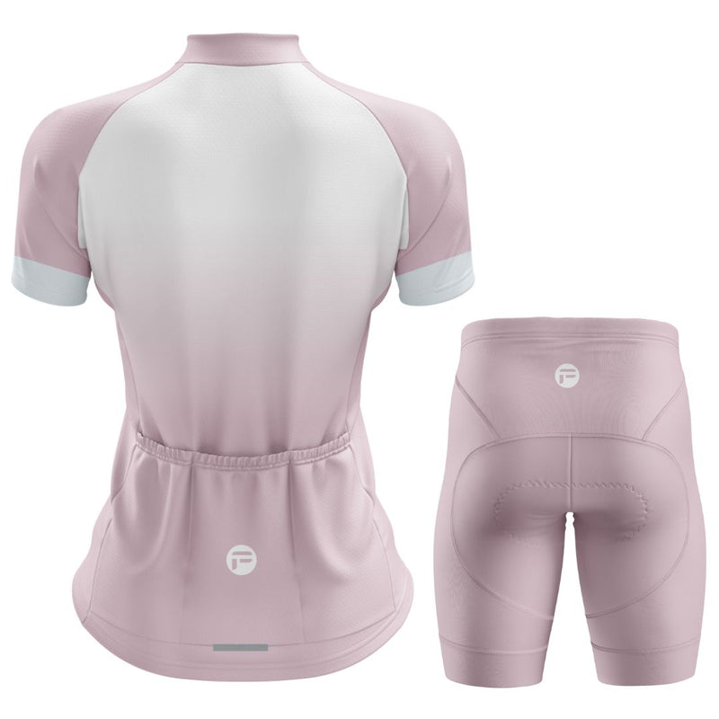Matching geometric pattern on Elysian Pink Frelsi jersey and shorts: pastel pink and white angular lines for cohesive, speed-inspired style.