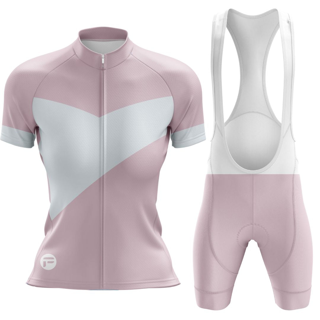 Close-up of Elysian Pink Frelsi Set fabric: sweat-wicking jersey mesh, compressive bib shorts with chamois padding, and extra comfort.