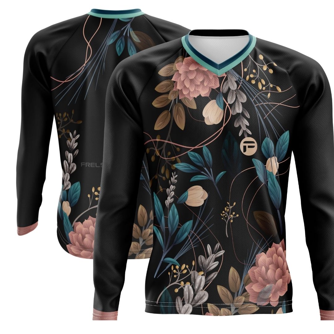 Exotic Spring: A long-sleeve MTB cycling jersey with a vibrant, tropical-inspired design.