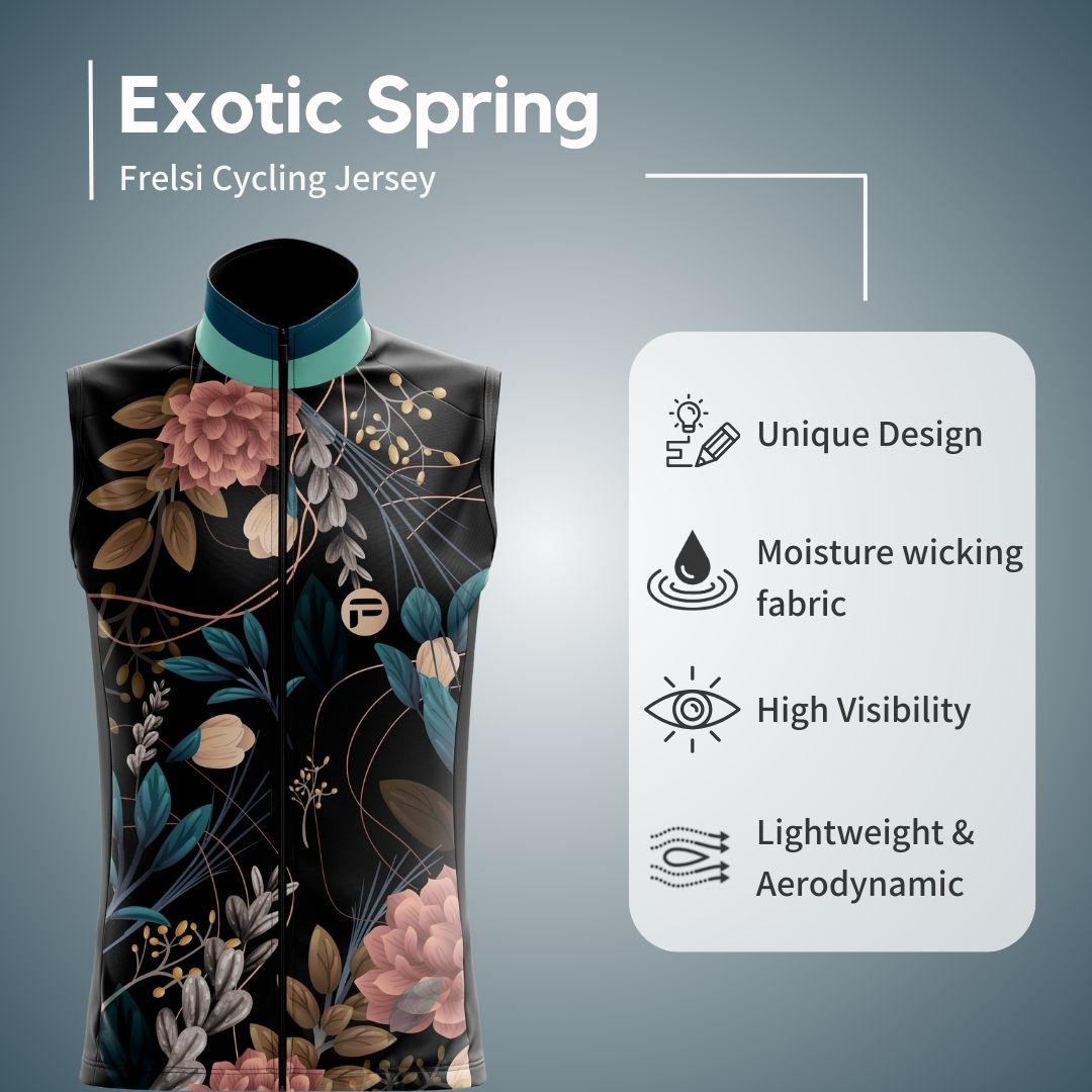 Feel the fresh energy of spring with the Exotic Spring sleeveless cycling jersey. Breathable and featuring a vibrant floral design.