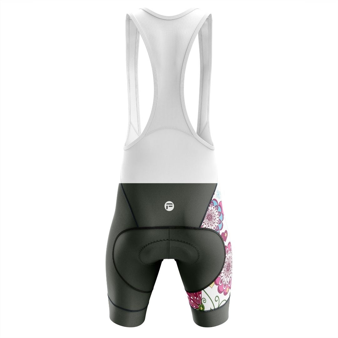 Floral Symphony cycling bibs with a matching floral pattern.