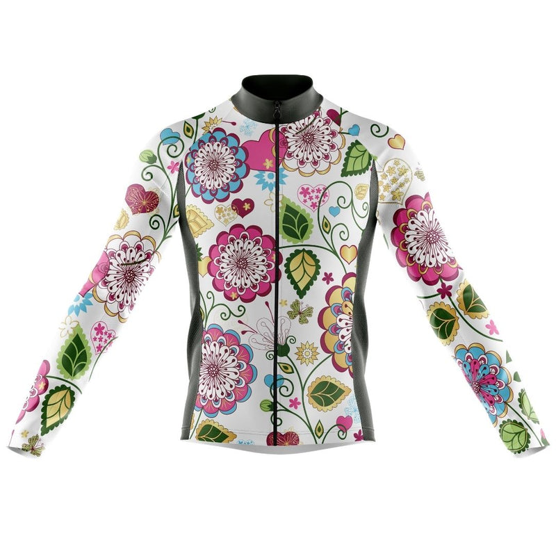 Floral Symphony men's long-sleeve cycling jersey, front view. Showcasing the vibrant floral pattern and comfortable fit.