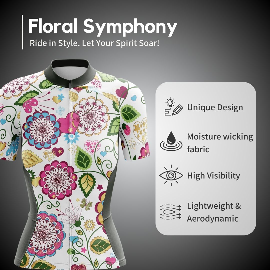 Moisture-wicking fabric on the Floral Symphony cycling set to keep you cool and dry.