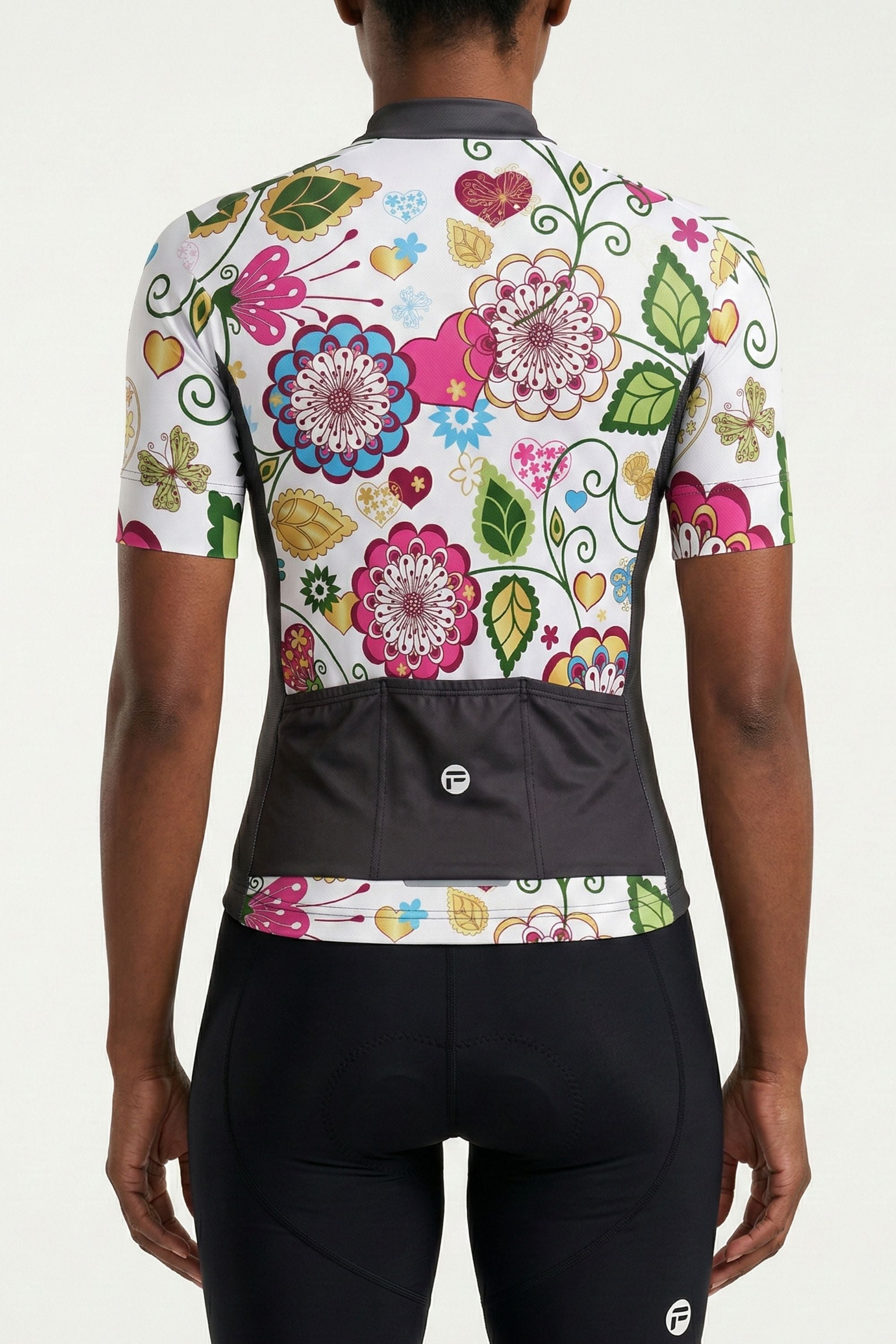 Cycling jersey with colorful floral design on a white background