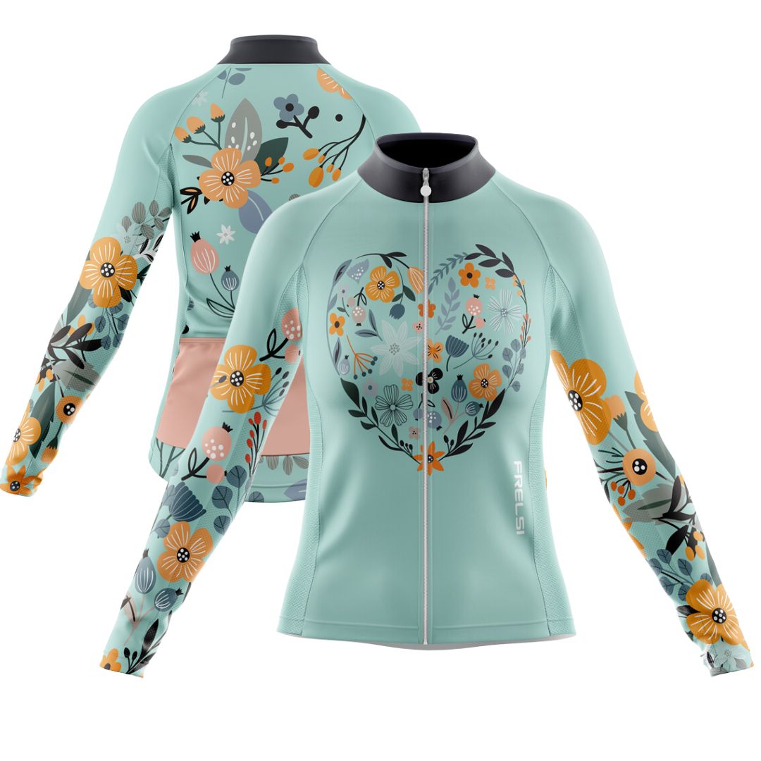 A women's long-sleeve cycling jersey featuring a charming floral heart design.