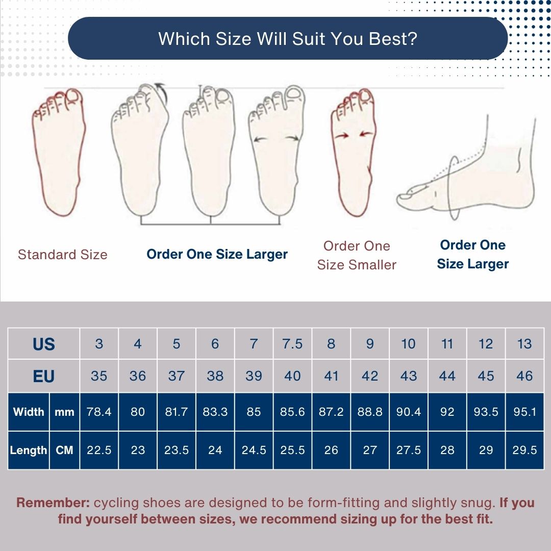 Frelsi Pro Team Cycling Shoes Size Chart: Find your perfect fit with US Men's sizes, foot length in centimeters, and ball width in millimeters.