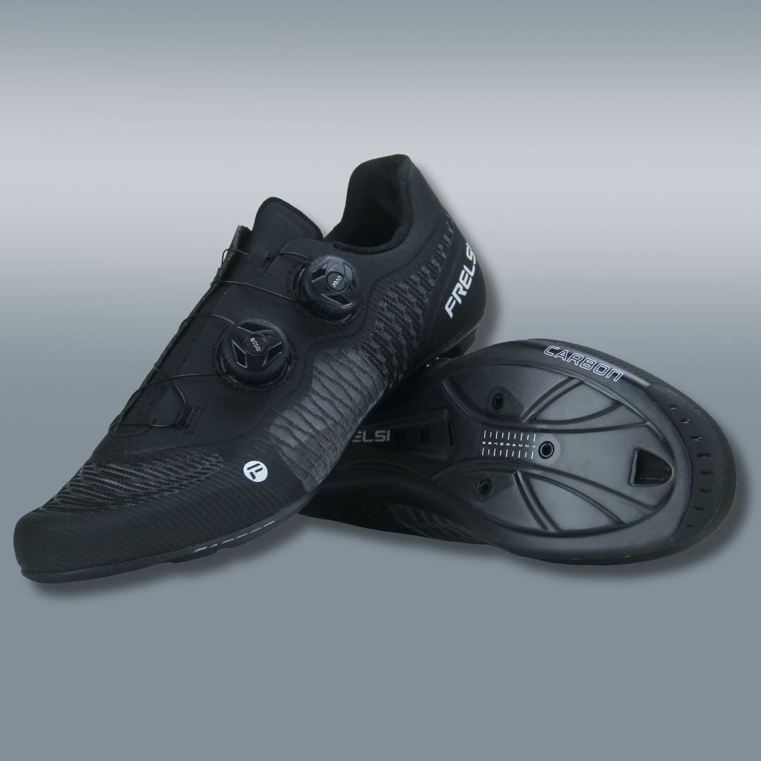 Lightweight black cycling shoes featuring a full-carbon sole for maximum power transfer and efficiency.