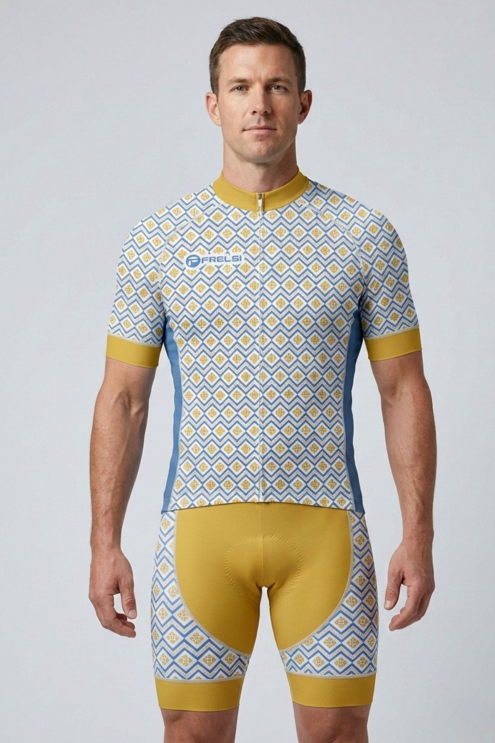 Man wearing a patterned cycling suit on a plain background