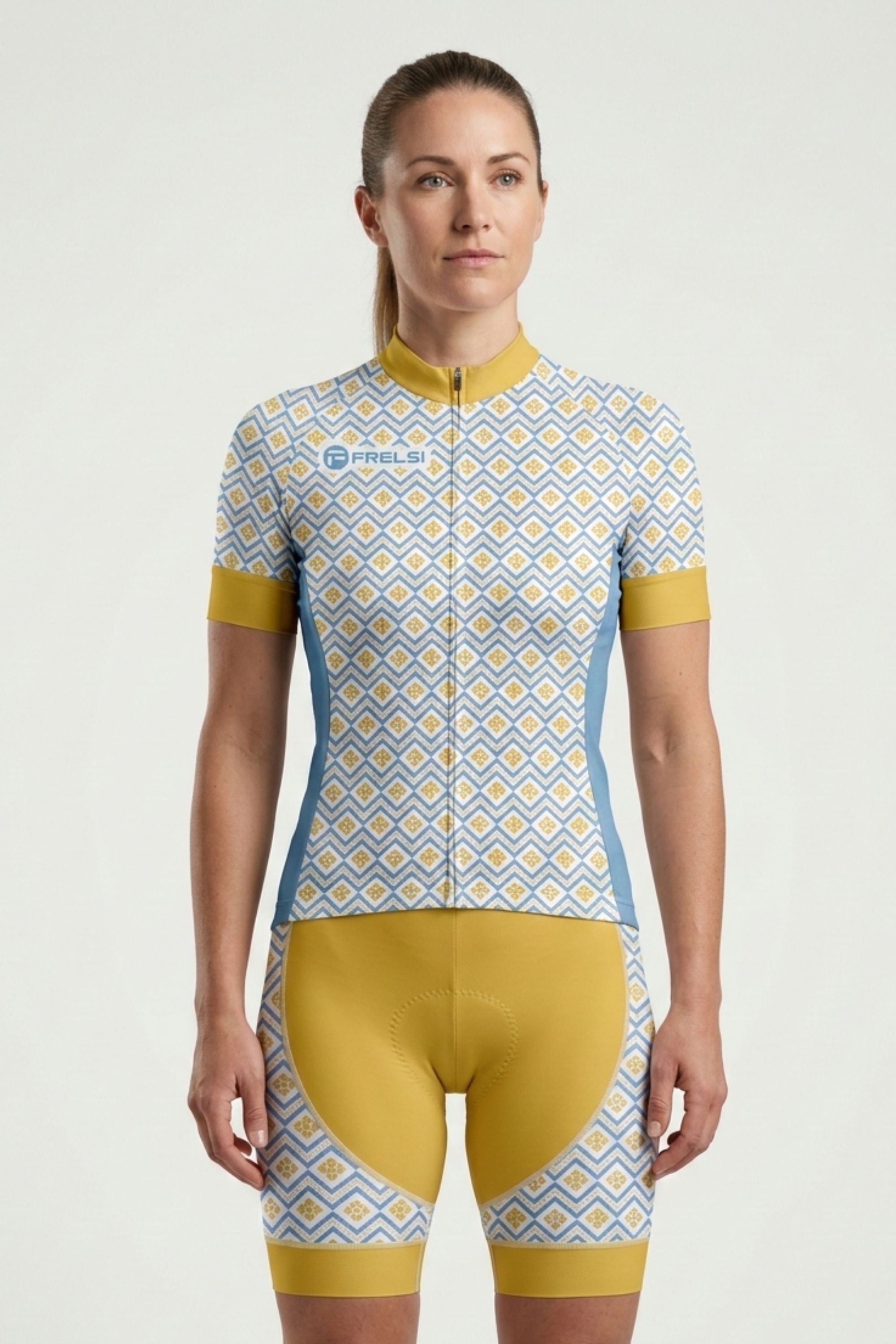 Woman wearing a patterned cycling suit on a white background