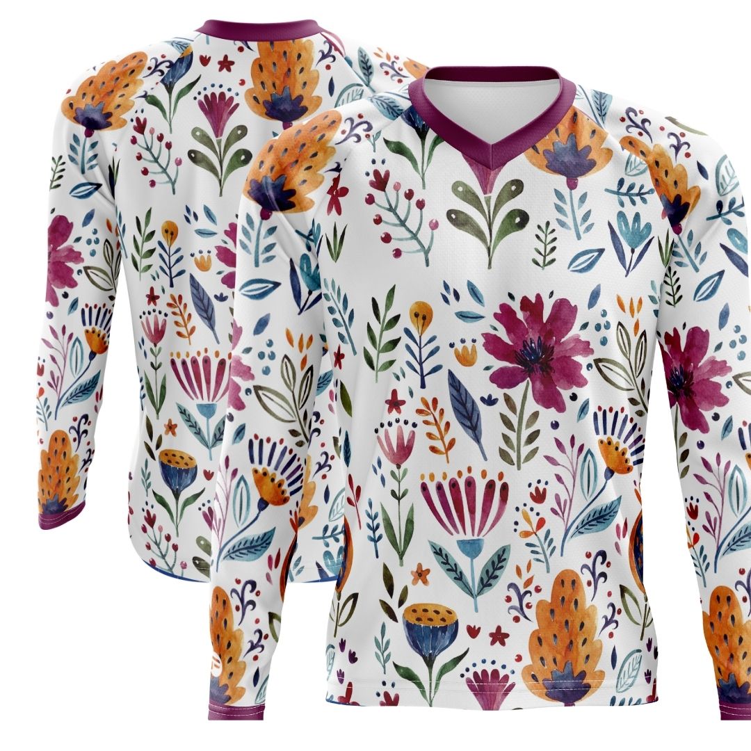 Garden Art: A long-sleeve MTB jersey featuring a stunning floral design, inspired by nature's beauty.