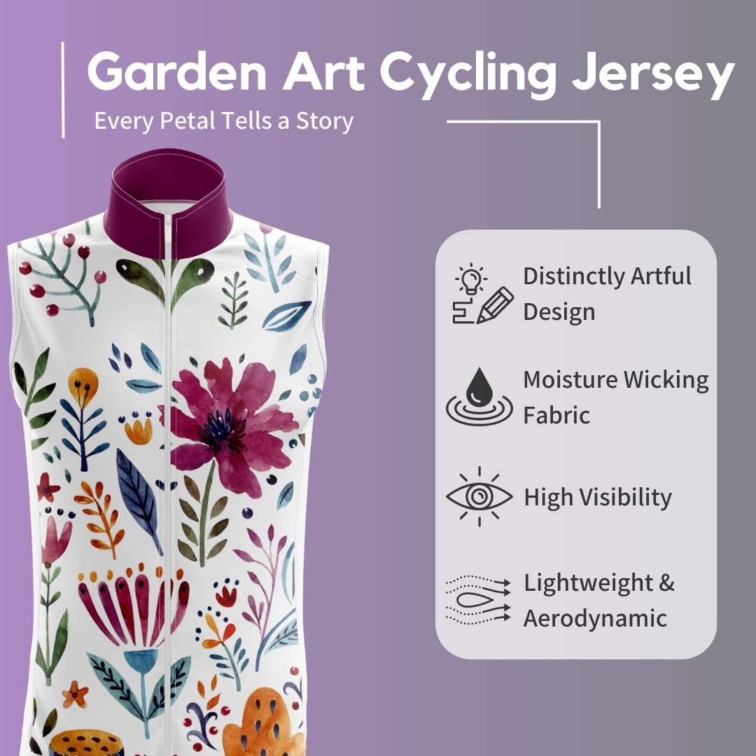 Close-Up and Highlights of Garden Art Sleeveless Cycling Jersey featuring vibrant floral design