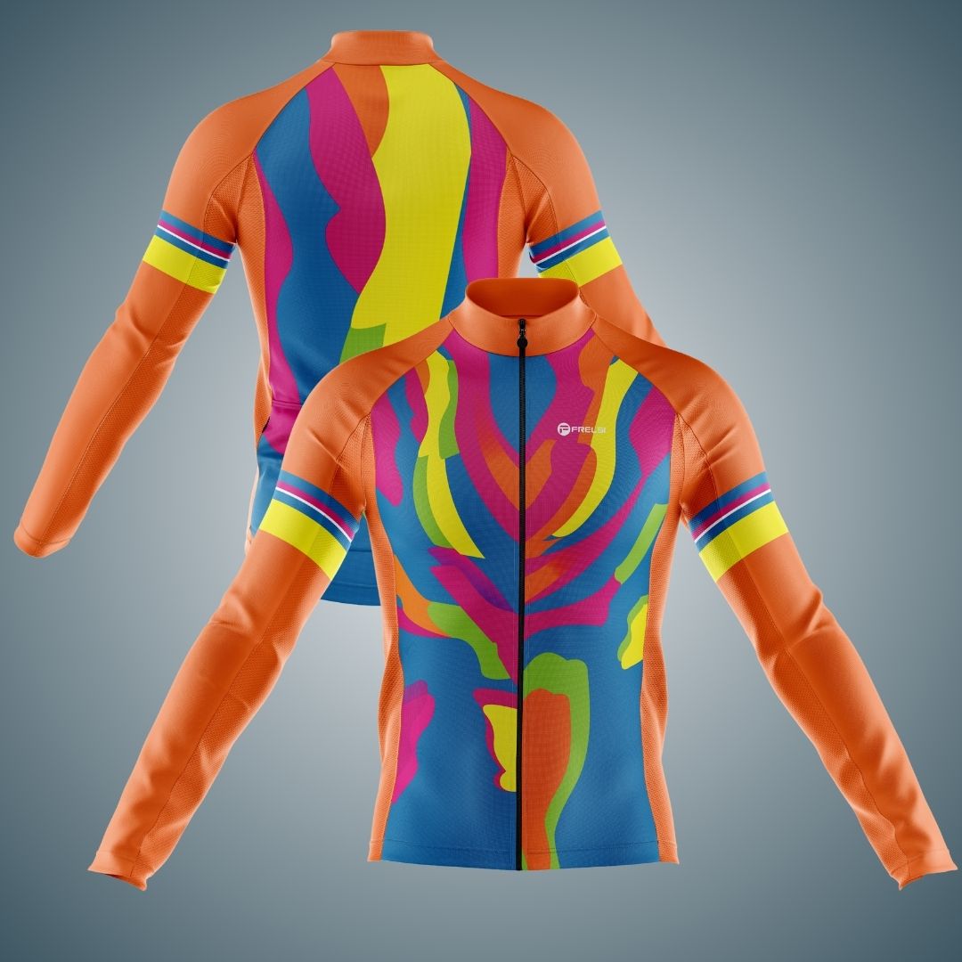 Men's long sleeve cycling jersey in vibrant multicolor abstract design with orange sleeves, featuring bold shades of blue, pink, yellow, and green. Includes a full zipper front and sleek fit, perfect for cooler weather rides.