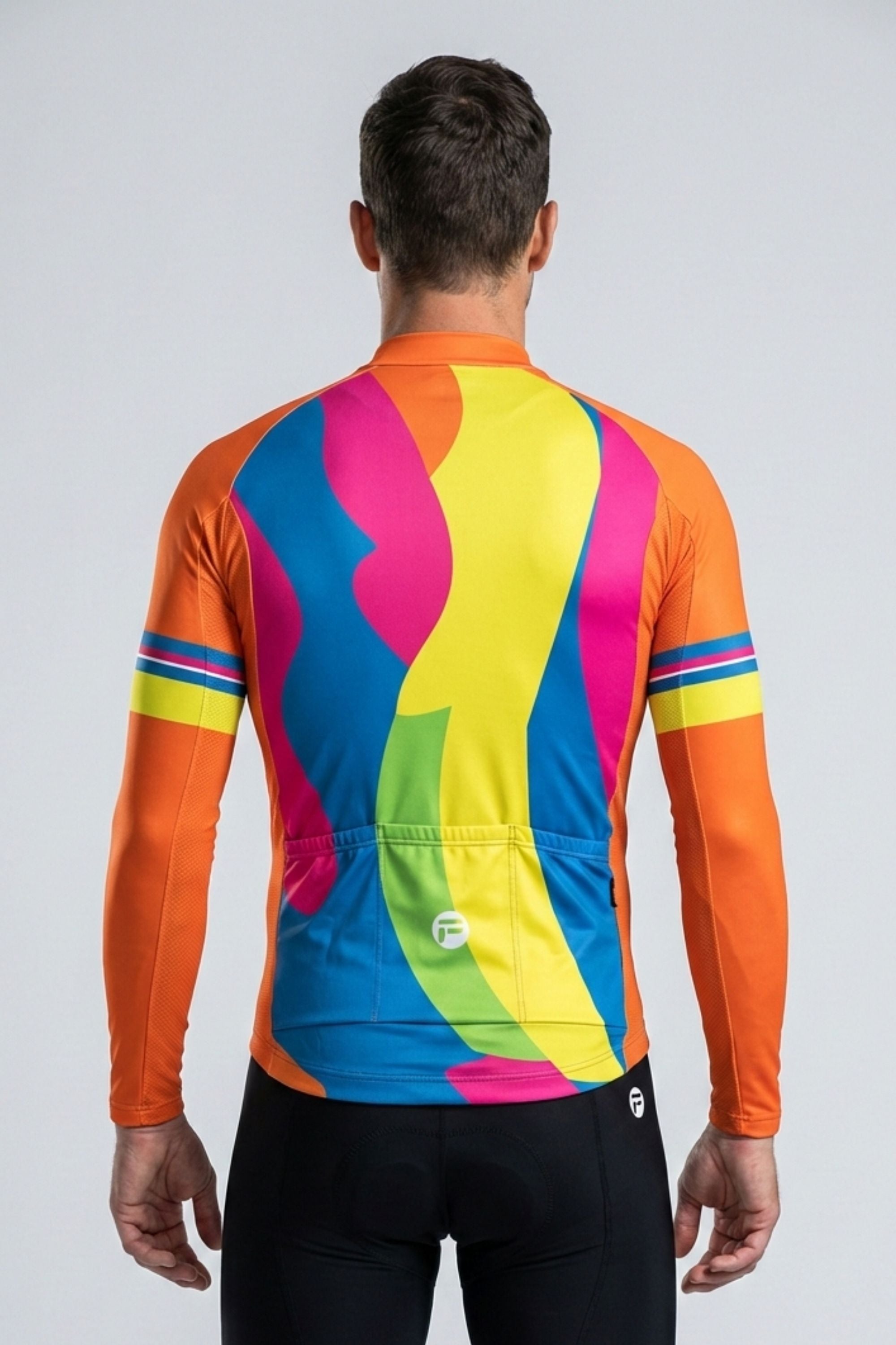 Person wearing a colorful cycling jersey with a white background