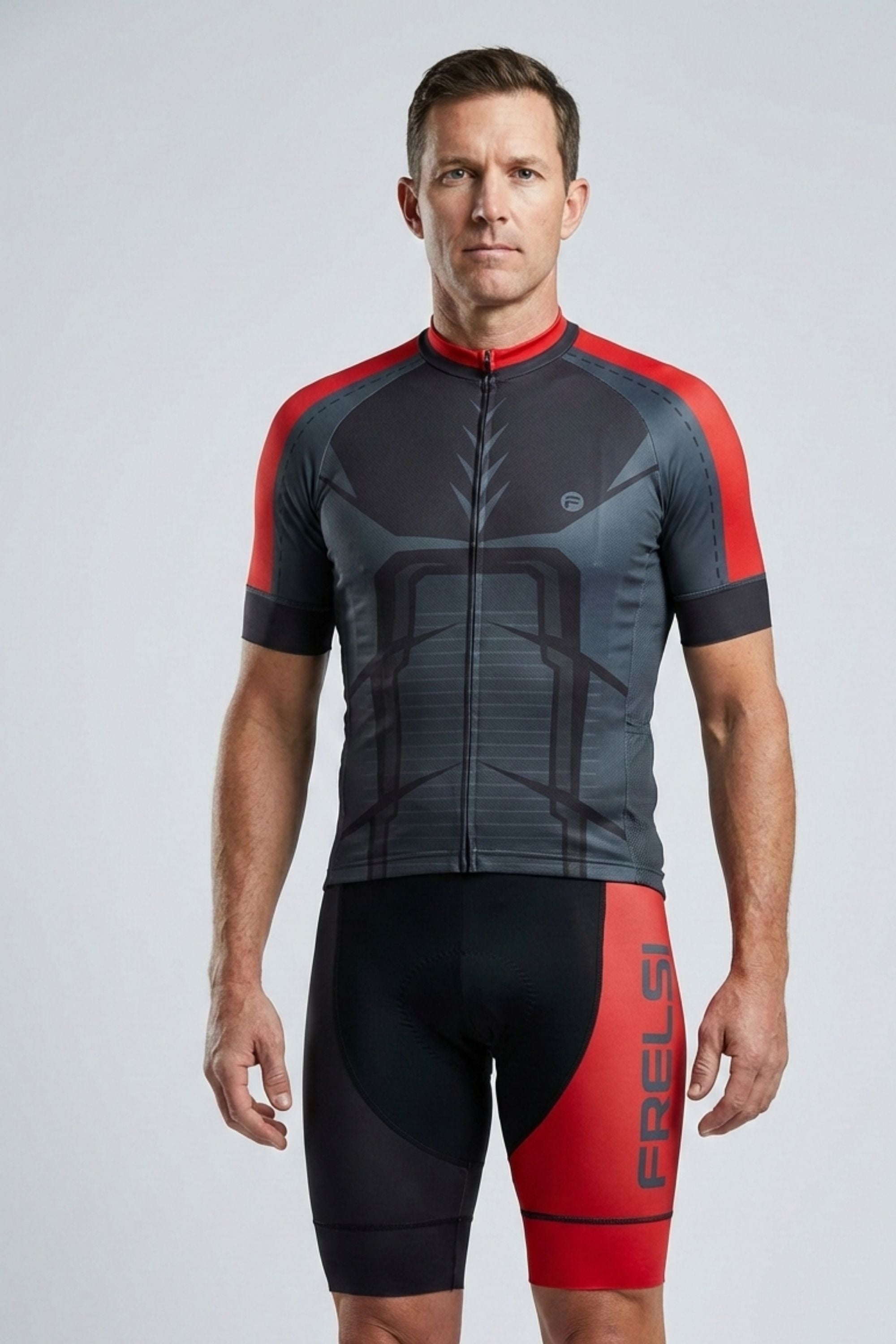 Man wearing a black and red cycling outfit with 'FRELSI' branding on a gray background